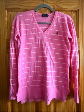 Polo by Ralph Lauren Pink and White Striped V-Neck Knit